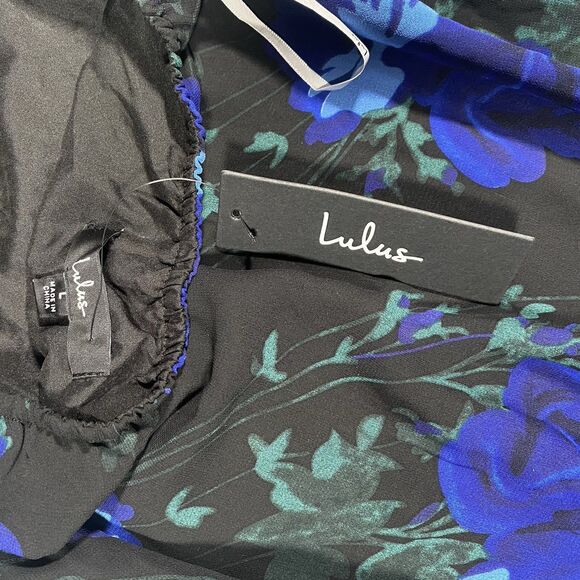 Lulus Elegant Entrance Rose Halter Dress Blue Black Wedding Asymmetrical Sz Lg - Picture 5 of 9